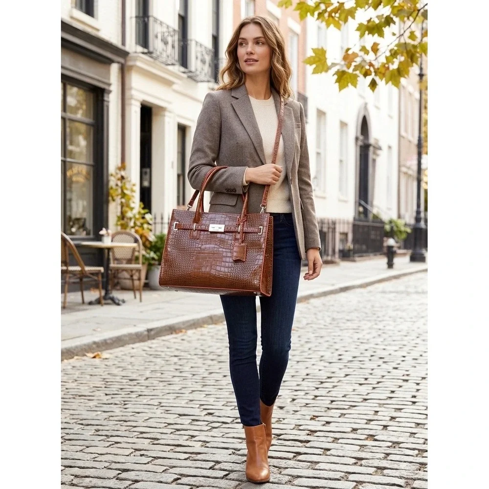 Nine West Brown Croc Embossed Satchel Handbag Orange Trim Crossbody Bag